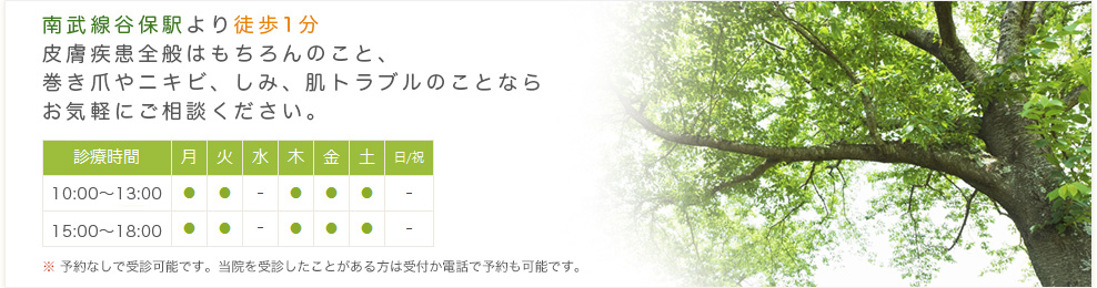 南武線谷保駅より徒歩1分 皮膚疾患全般はもちろんのこと、巻き爪やニキビ、しみ、肌トラブルのことならお気軽にご相談ください。